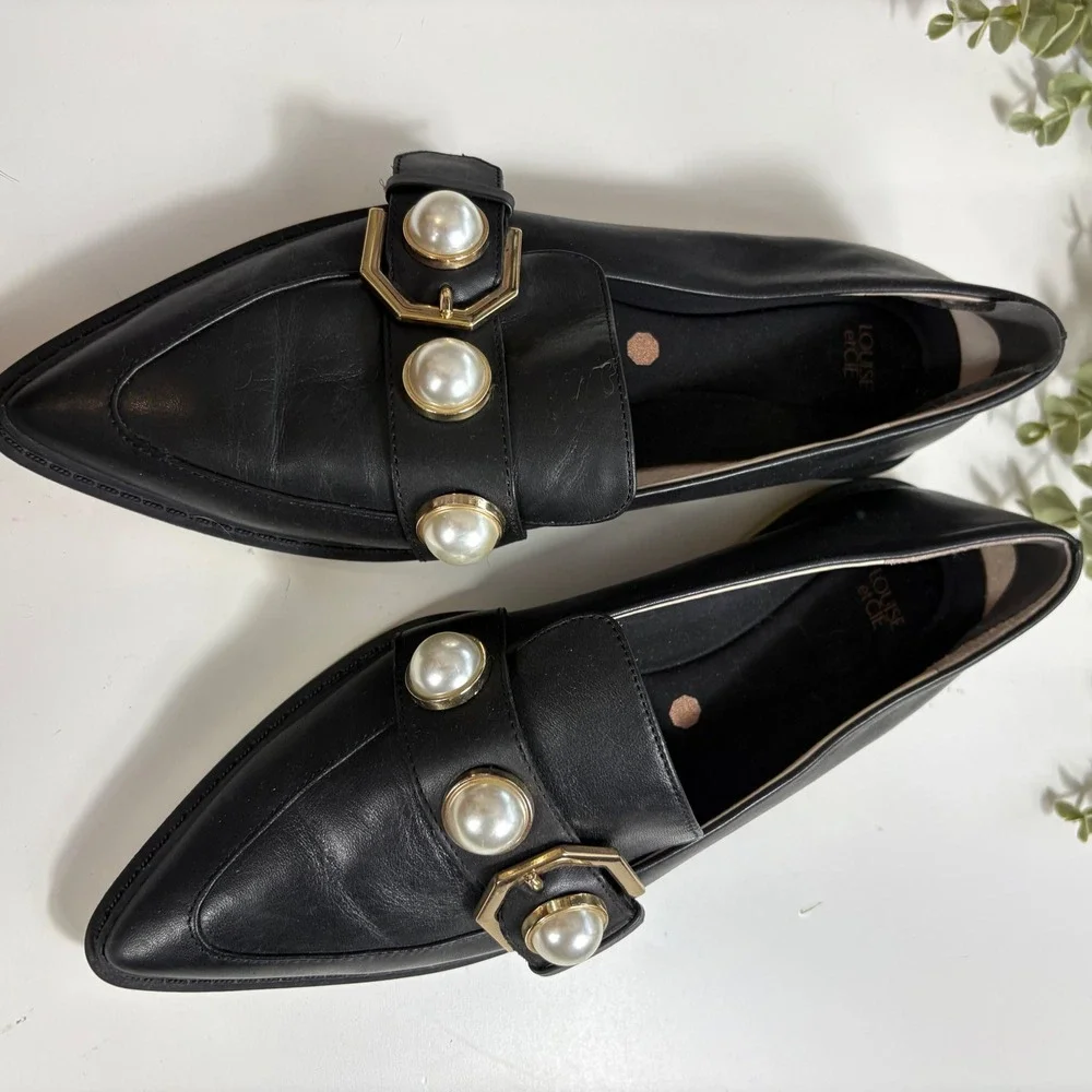 Louise et Cie Black Pointed Pearl-Embellished Loafers